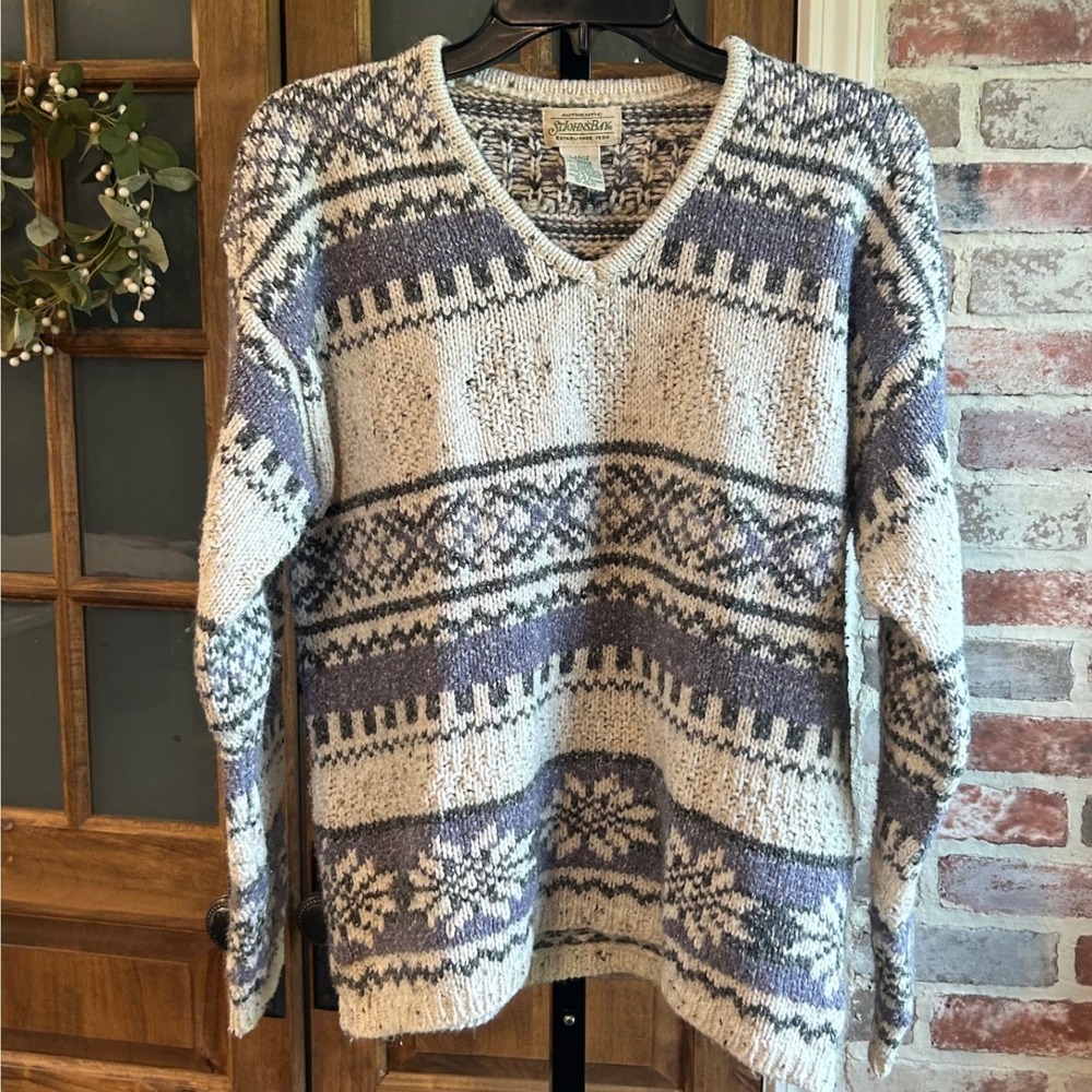 St. Johns Bay Sweater Women Large Purple Fair Isle V-Neck Chunky Knit Wool Blend